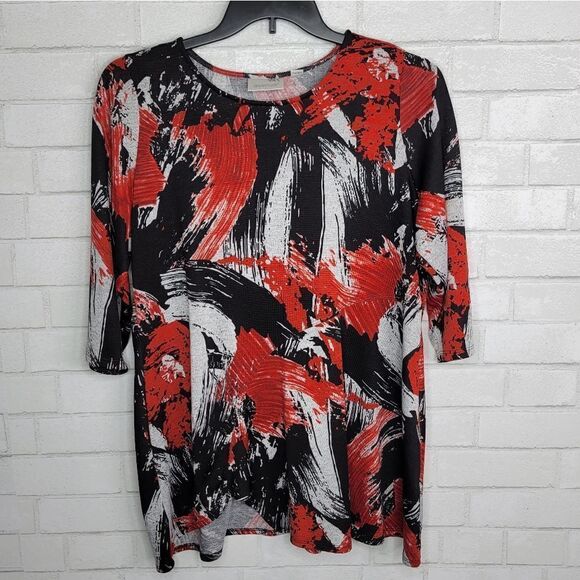 Avenue Red Black Gray Abstract Paint Stroke Tunic Blouse - Picture 1 of 5